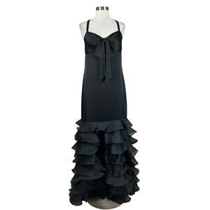 Ralph Lauren Women's Formal Dress Size 12 Black Satin Tiered Ruffle Evening Gown
